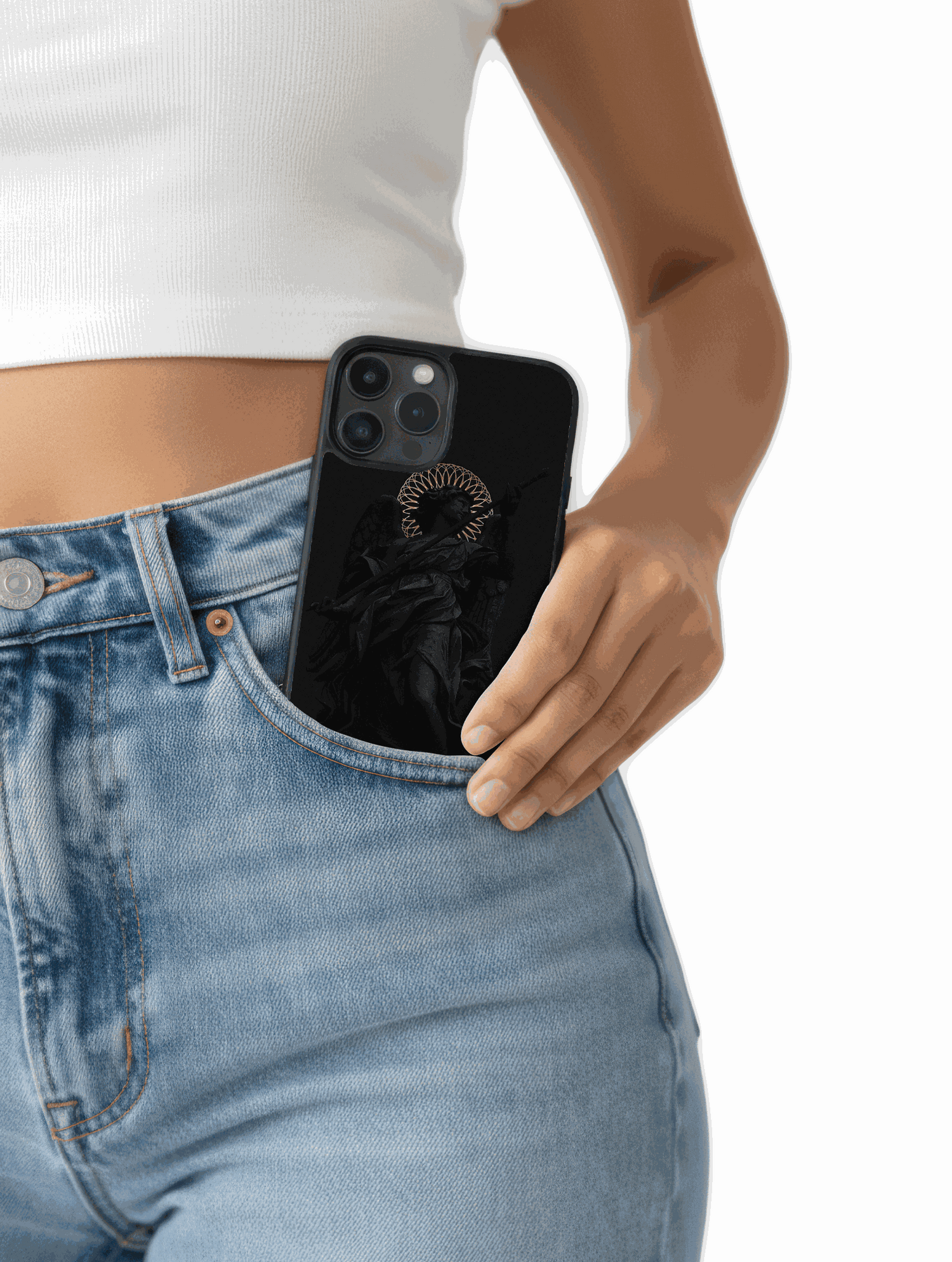 Ángel Oscuro elegante case minimalista negro con detalles sutiles y estética oscura