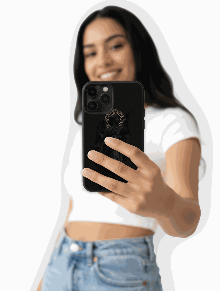 Minimalist Ángel Oscuro phone case with dark elegant design and subtle light details
