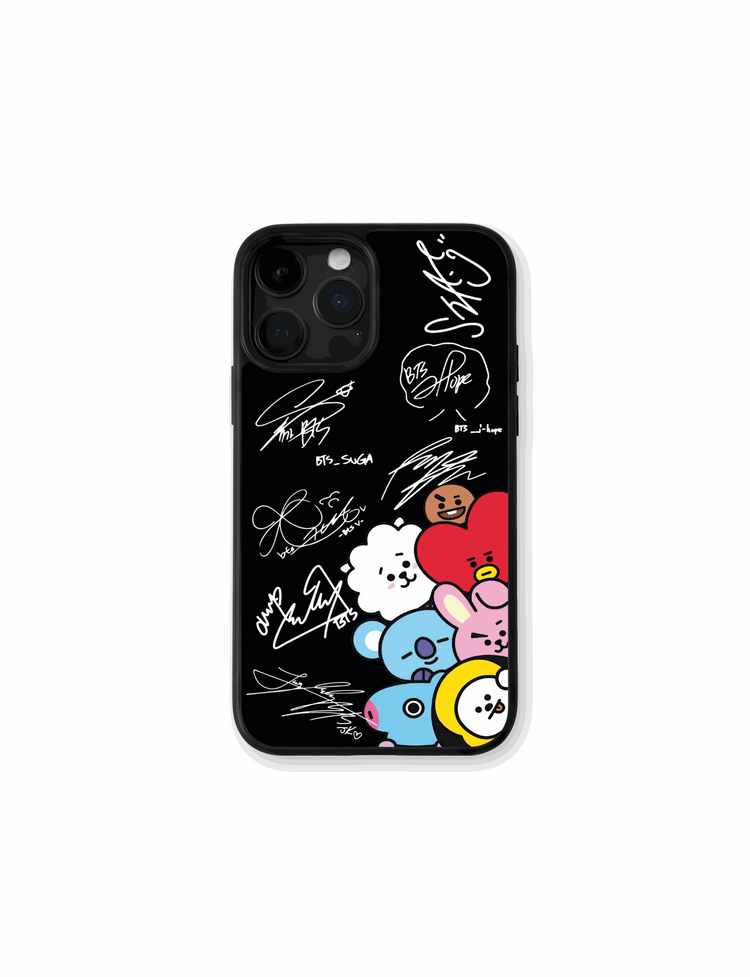 BTS autographs and colorful BT21 characters phone case featuring Tata, Chimmy, and Cooky