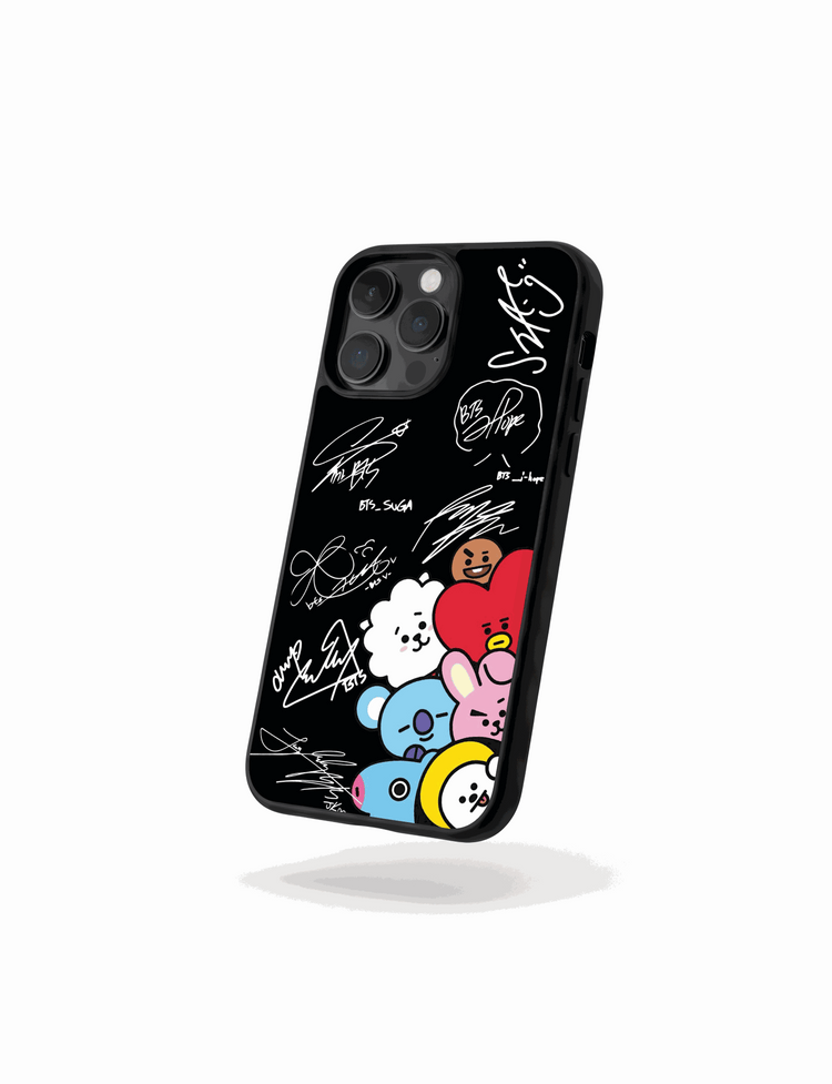 BTS autographs and colorful BT21 characters on phone case featuring Tata, Chimmy, and Cooky