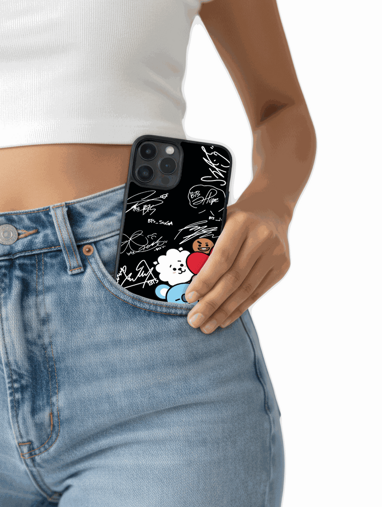 BTS autographs and colorful BT21 characters on phone case with Tata, Chimmy, and Cooky