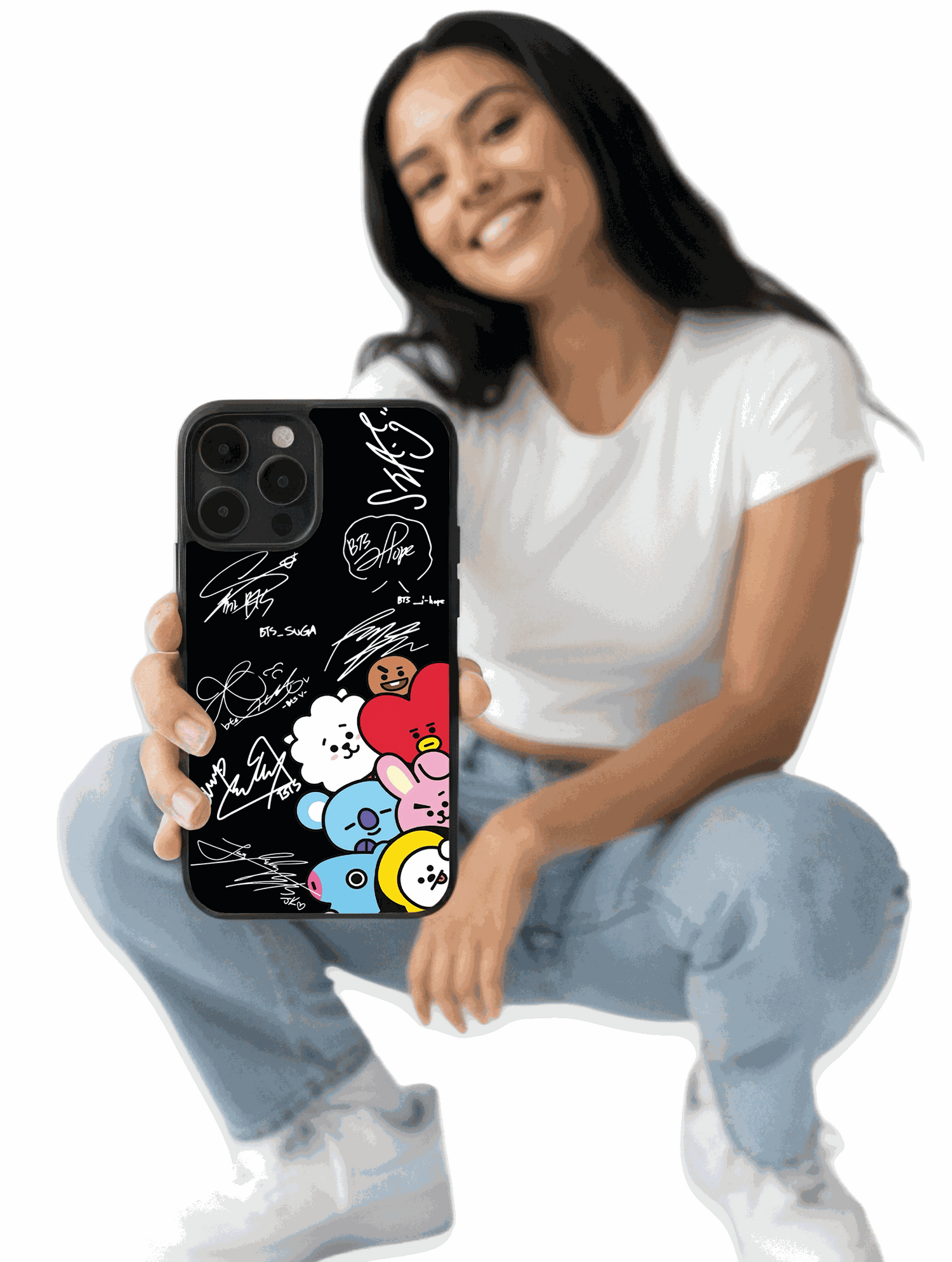 BTS autographs and colorful BT21 characters phone case featuring Tata, Chimmy, and Cooky