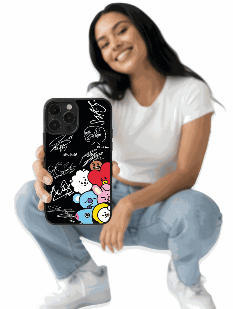 BTS autographs and colorful BT21 characters phone case featuring Tata, Chimmy, and Cooky