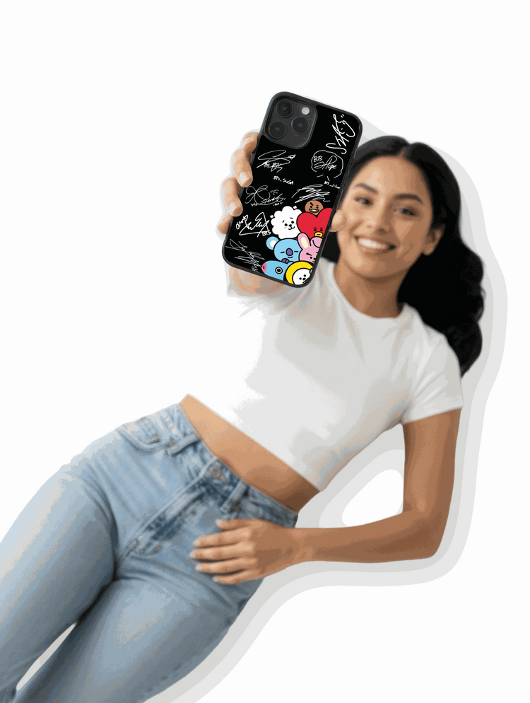 BTS autographs and colorful BT21 characters phone case featuring Tata, Chimmy, and Cooky