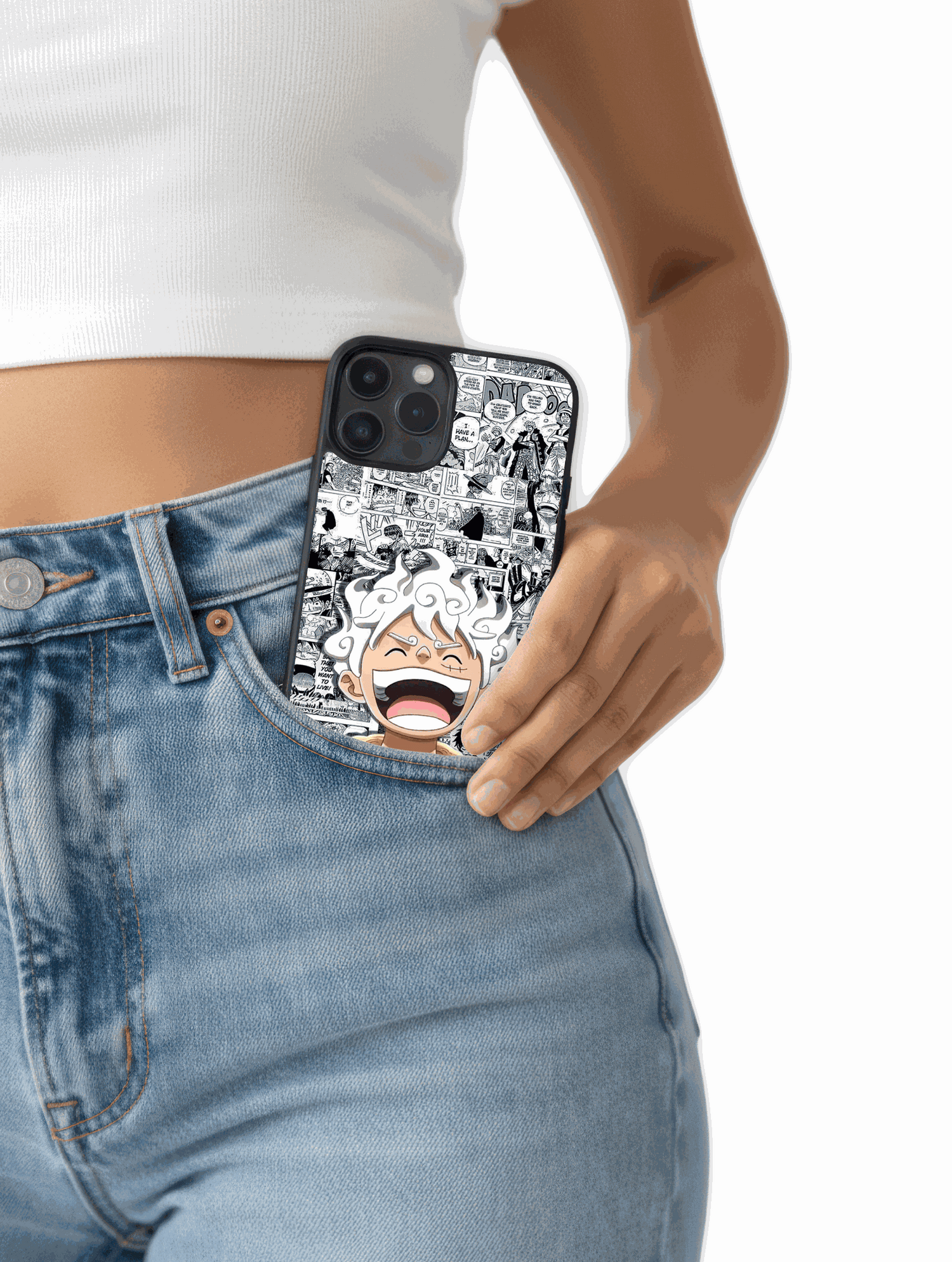 Case Joy Boy Awakening con diseño manga en blanco y negro de Luffy en Gear Fifth protegiendo smartphone con estilo y resistencia