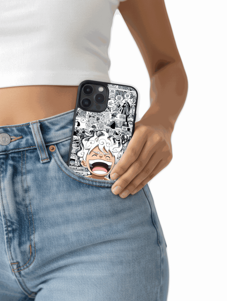 Case Joy Boy Awakening con diseño manga en blanco y negro de Luffy en Gear Fifth protegiendo smartphone con estilo y resistencia
