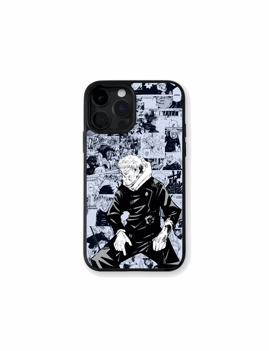 Case Itadori Manga style design featuring Jujutsu Kaisen character with Sukuna power and determined heart