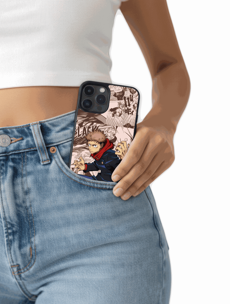 Case Itadori Intenso style phone case inspired by Yuji Itadori from Jujutsu Kaisen showcasing determination and courage