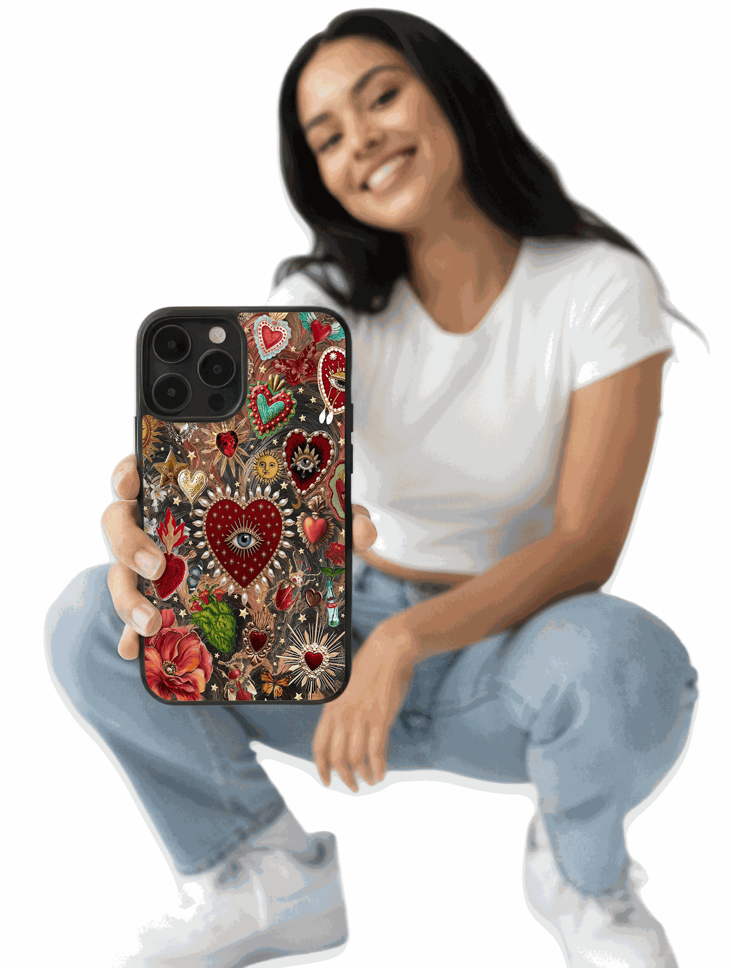 Funda de celular barroca con corazones sagrados, perlas y elementos místicos dorados
