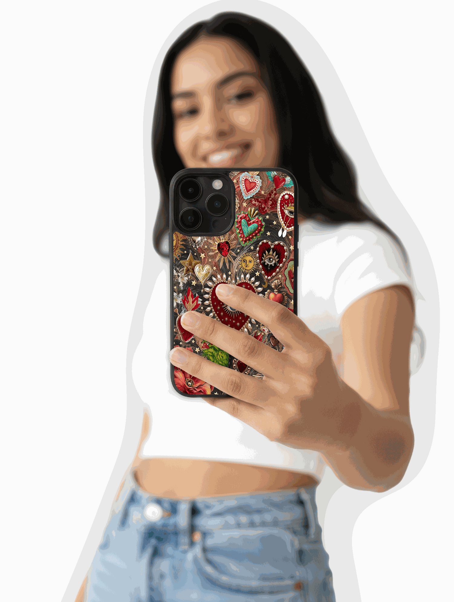 Collage maximalista de corazones sagrados con perlas, ojos místicos y elementos celestiales en diseño barroco dorado