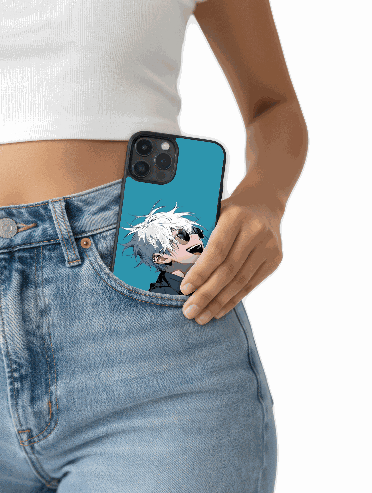 Case Gojo Chill Smile con Gojo sonriendo relajado estilo fresco y limpio