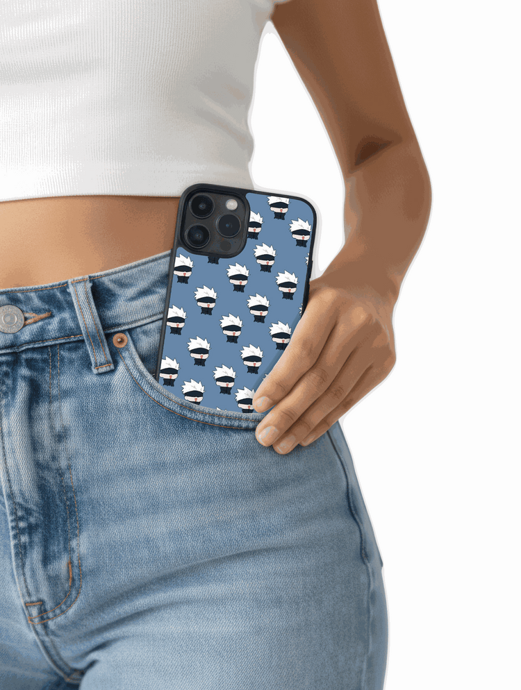 Case Gojo Mini Blue phone case with cute mini Gojo pattern on sky blue background from Jujutsu Kaisen