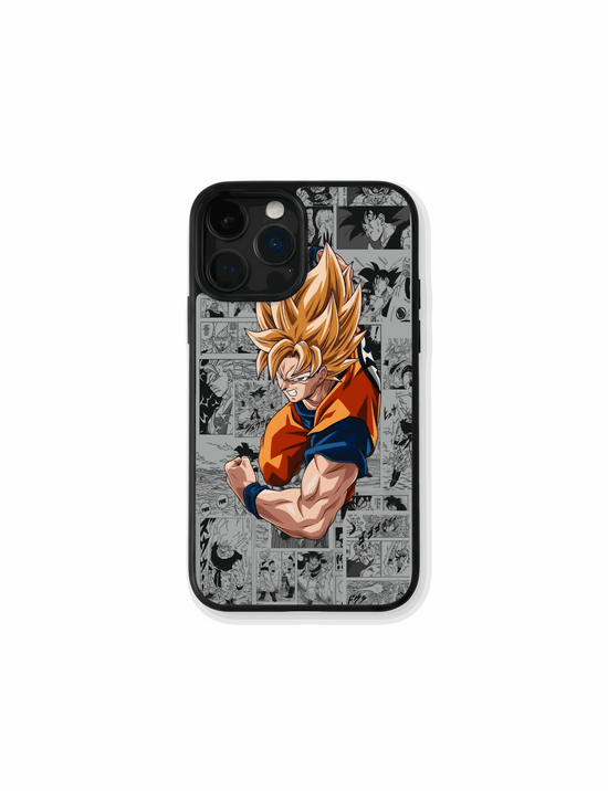 Case Goku Manga Style with explosive Dragon Ball Z energy background