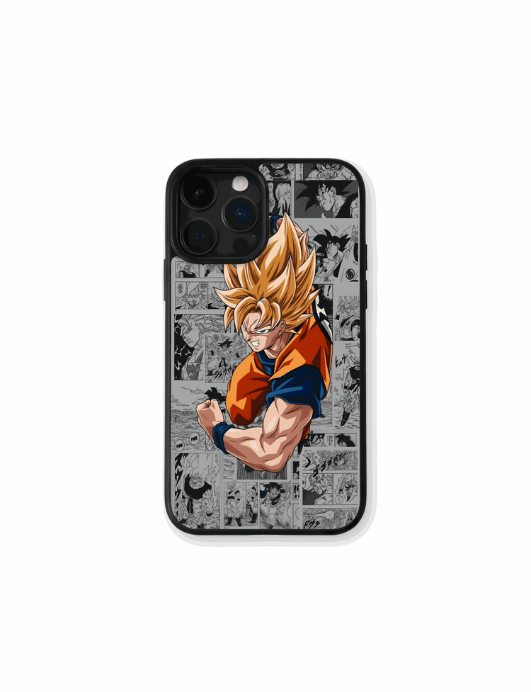 Case Goku Manga Style with explosive Dragon Ball Z energy background