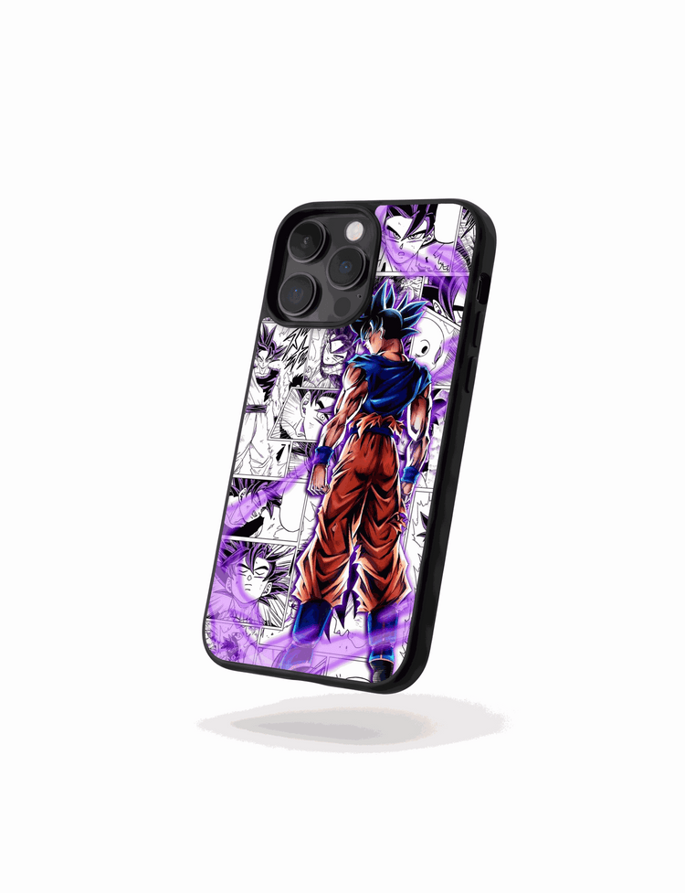 Case Goku Ultra Instinct manga style with unleashed aura and dynamic background