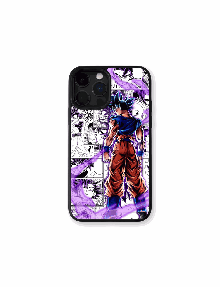 Case Goku Ultra Instinct manga style with glowing aura and dynamic background