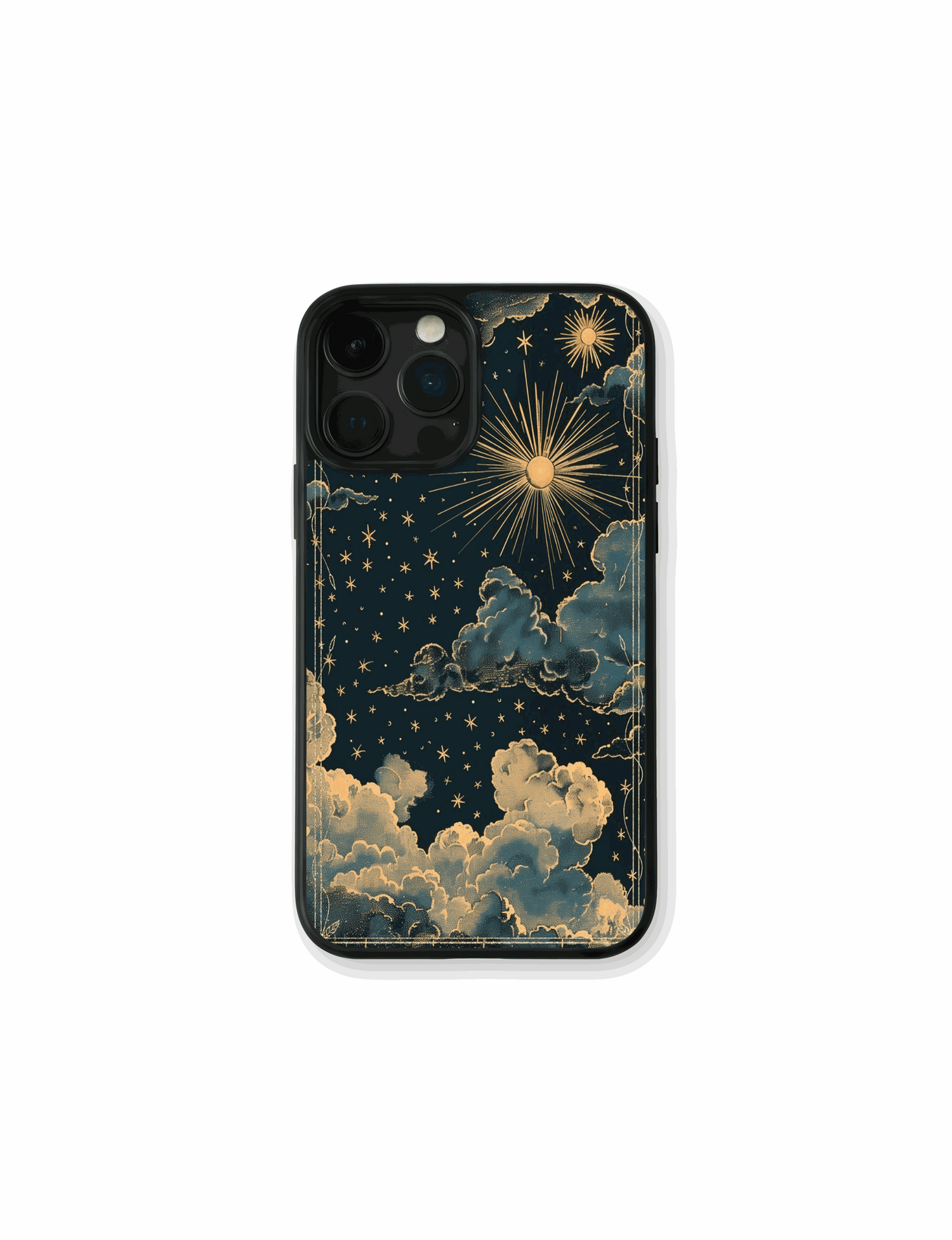 Funda para iPhone Cielo eterno en tu mano con tonos profundos, estrellas doradas y nubes suaves