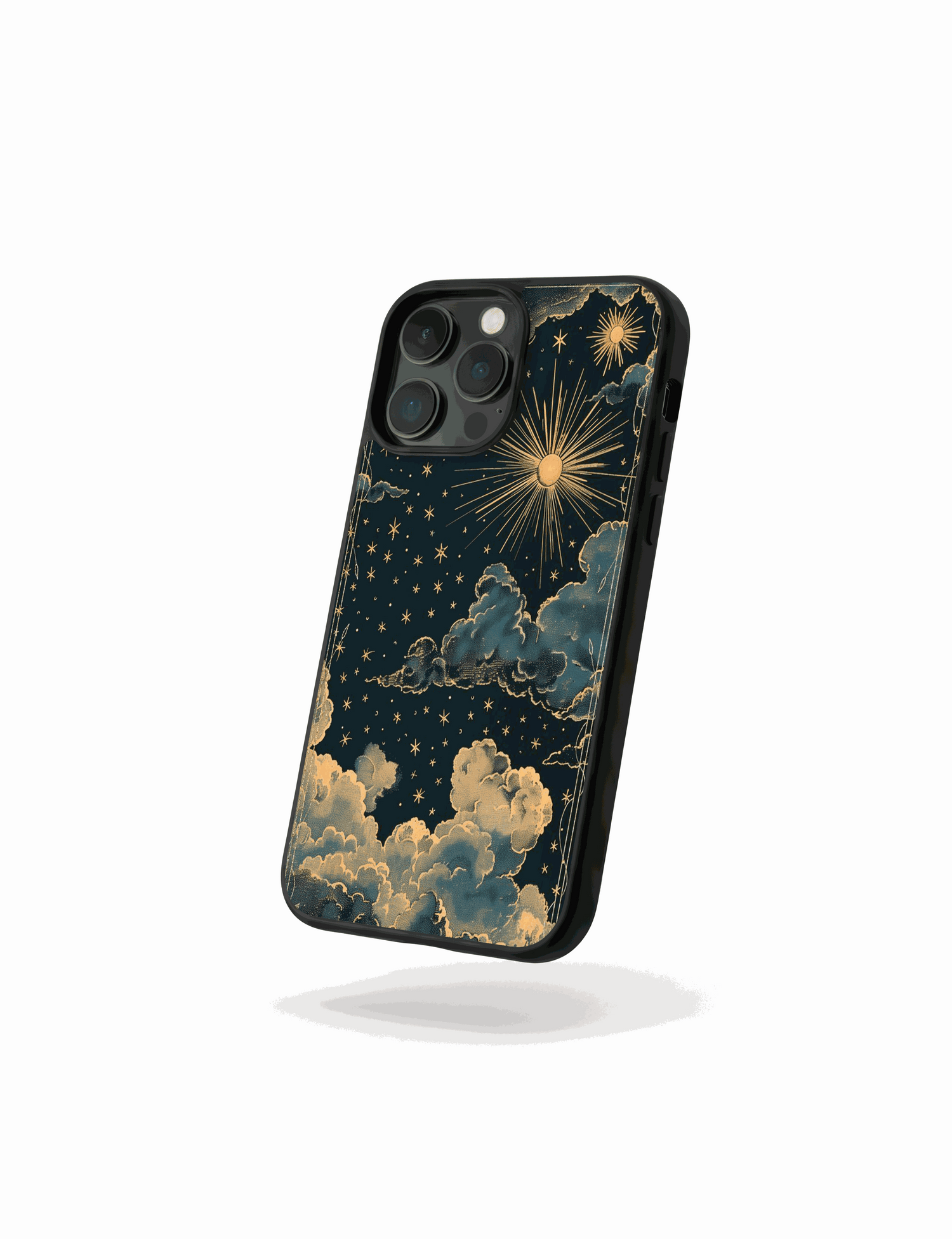 Diseño elegante de iPhone con cielo eterno en tonos profundos, estrellas doradas y nubes suaves