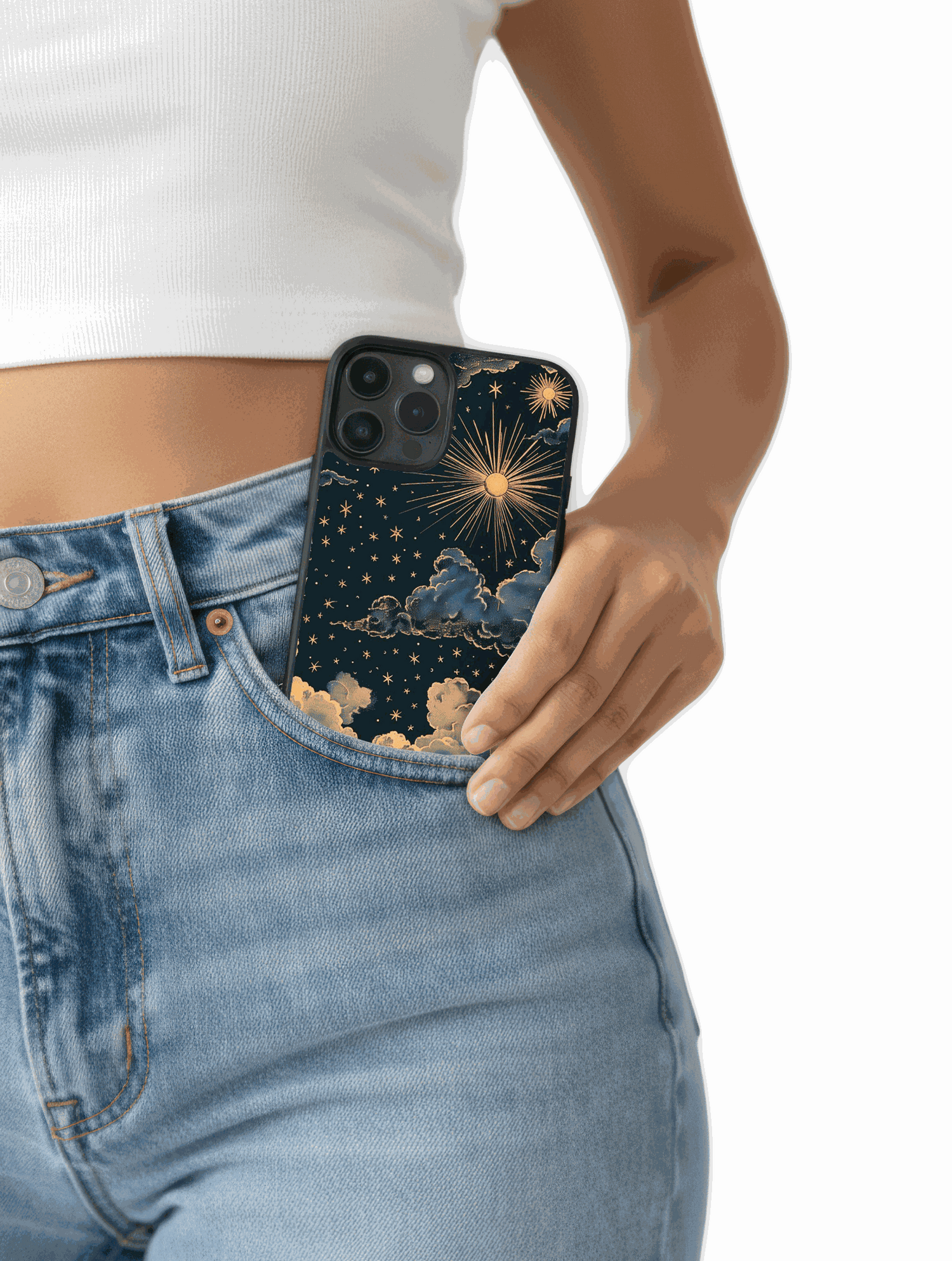 Diseño elegante de case para iPhone con cielo eterno en tu mano, estrellas doradas y nubes suaves