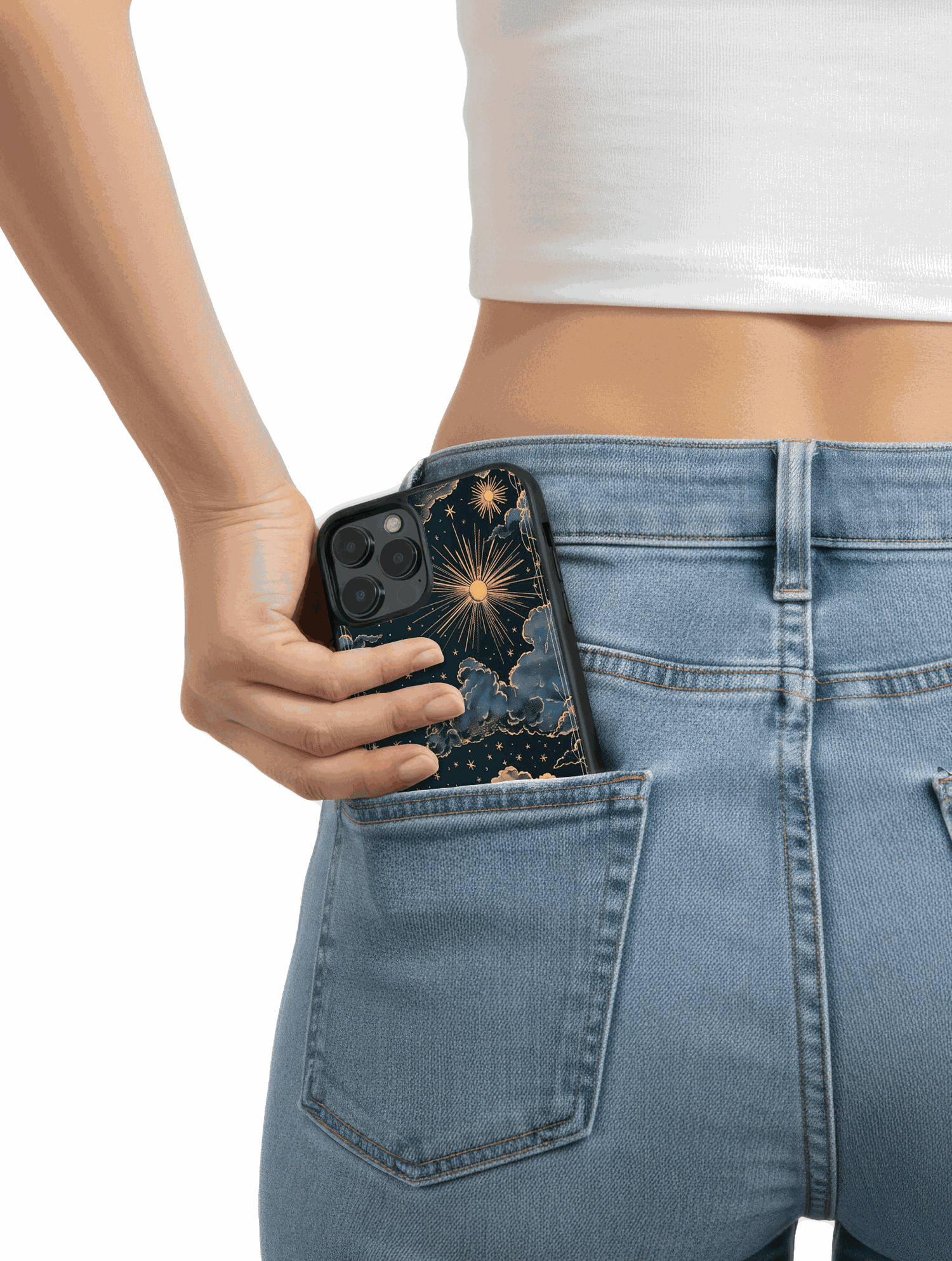 Funda para iPhone con diseño Cielo eterno en tu mano, estrellas doradas y nubes suaves en tonos profundos
