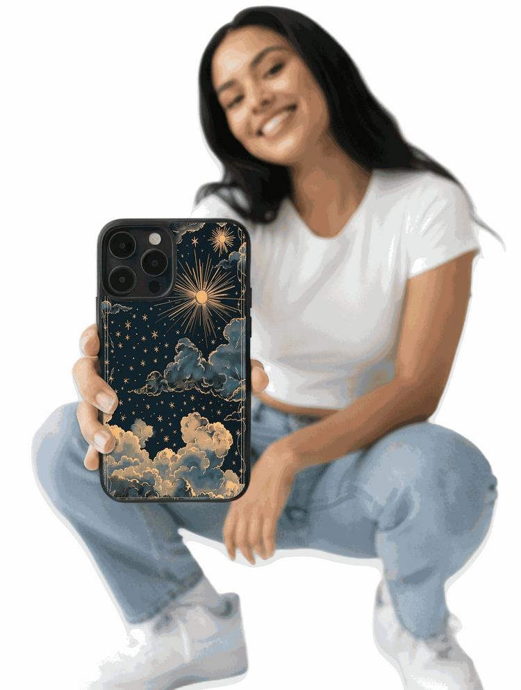 Funda para iPhone con diseño Cielo eterno en tu mano de estrellas doradas y nubes suaves en tonos profundos.