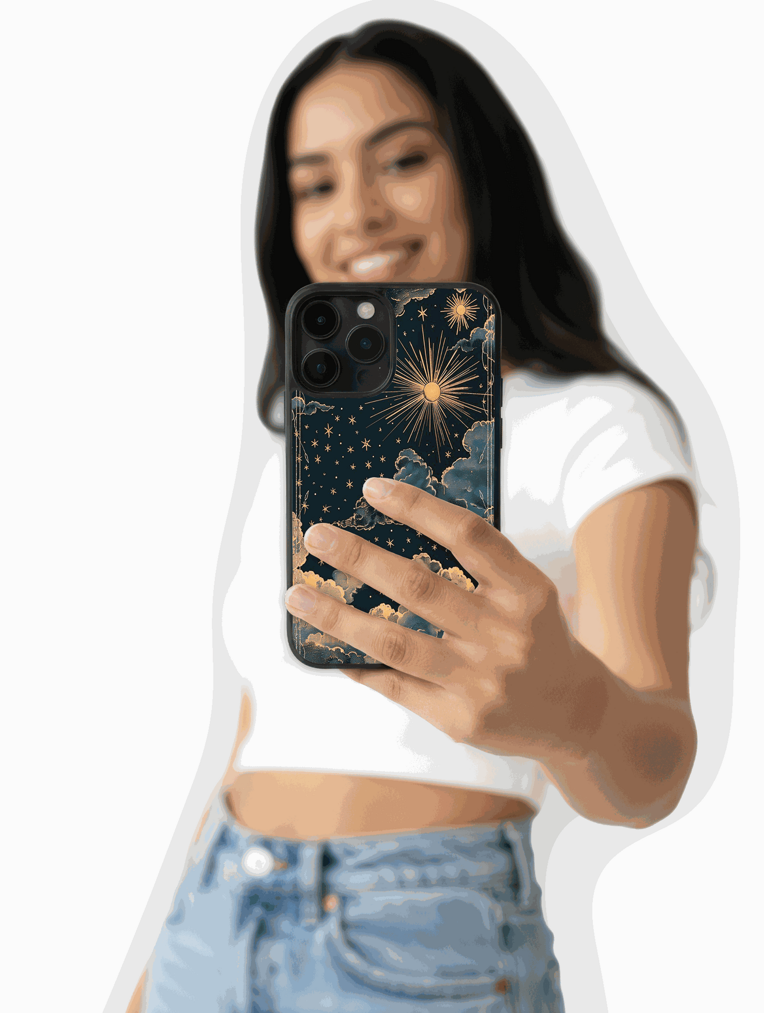 Diseño Cielo eterno en tu mano con estrellas doradas y nubes suaves en tonos profundos para iPhone elegante y calmado