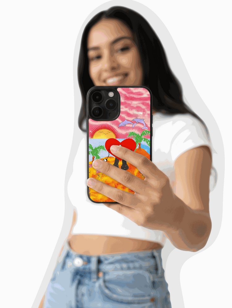 Colorful Bad Bunny phone case featuring vibrant summer design inspired by "Tití Me Preguntó" with durable protection and playful beach vibes