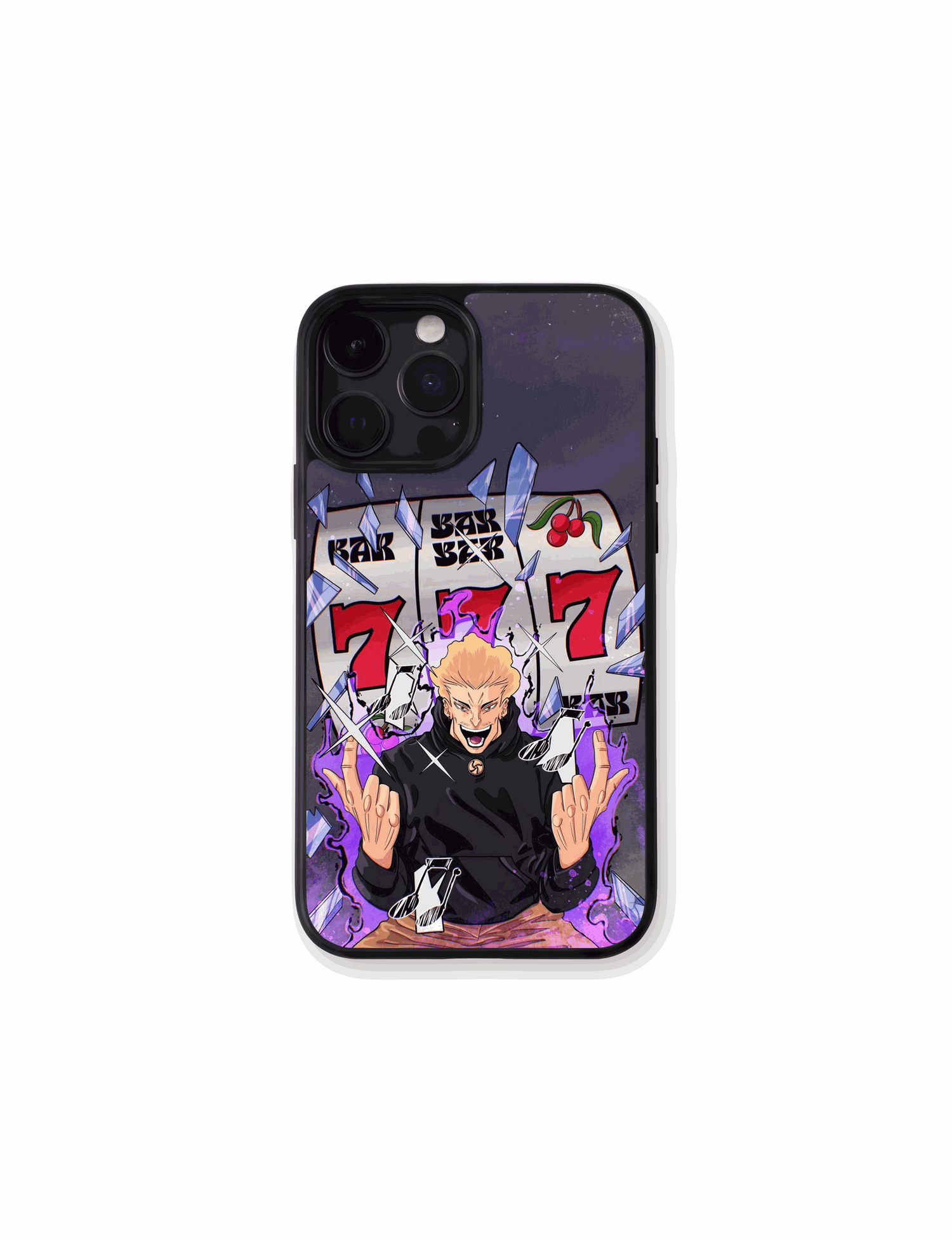 Case Jackpot de Jujutsu Kaisen con diseño tragamonedas 777 y energía oscura intensa