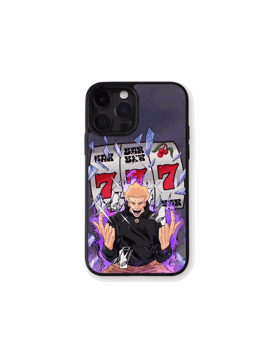 Case Jackpot de Jujutsu Kaisen con diseño tragamonedas 777 y energía oscura intensa