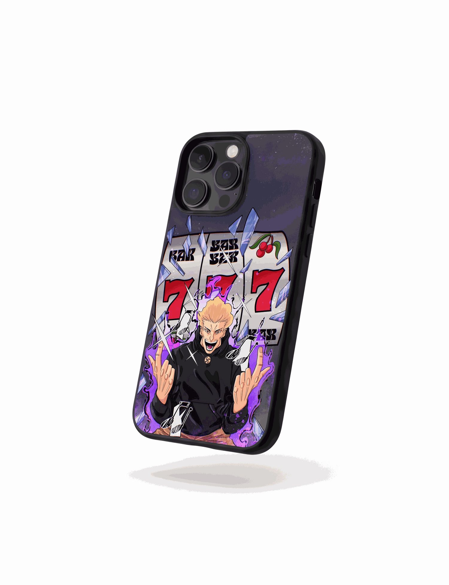 Case Jackpot de Jujutsu Kaisen con diseño de tragamonedas 777 y energía oscura intensa.