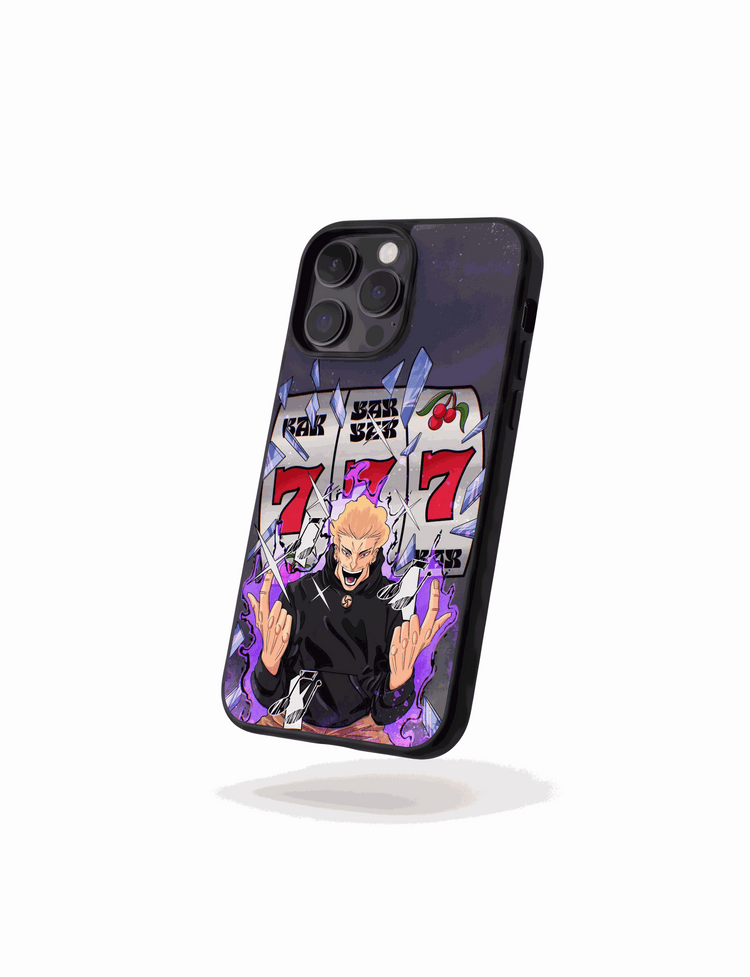 Case Jackpot de Jujutsu Kaisen con diseño de tragamonedas 777 y energía oscura intensa.