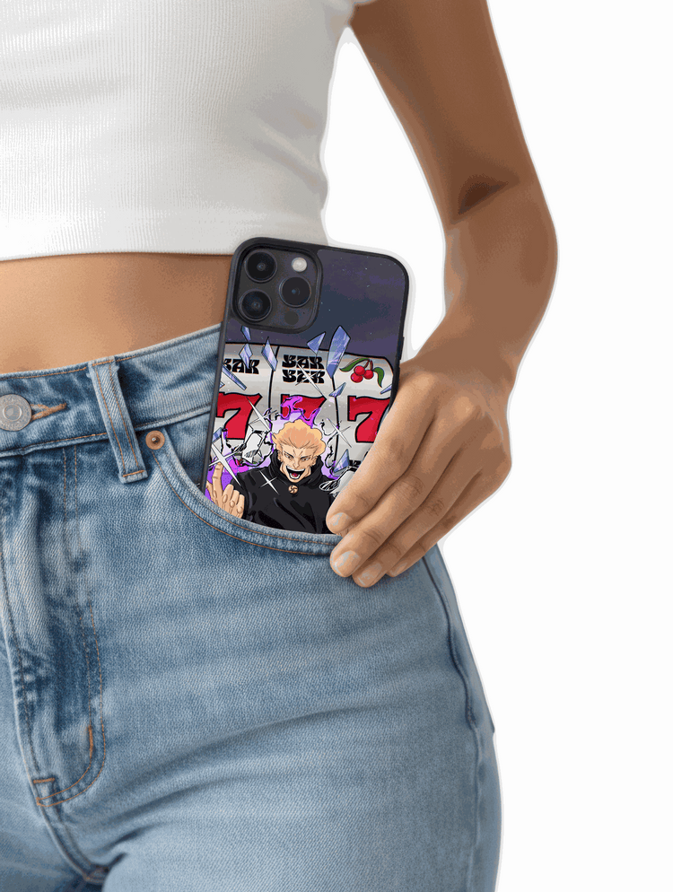 Case Jackpot de Jujutsu Kaisen con diseño tragamonedas 777 y energía oscura.
