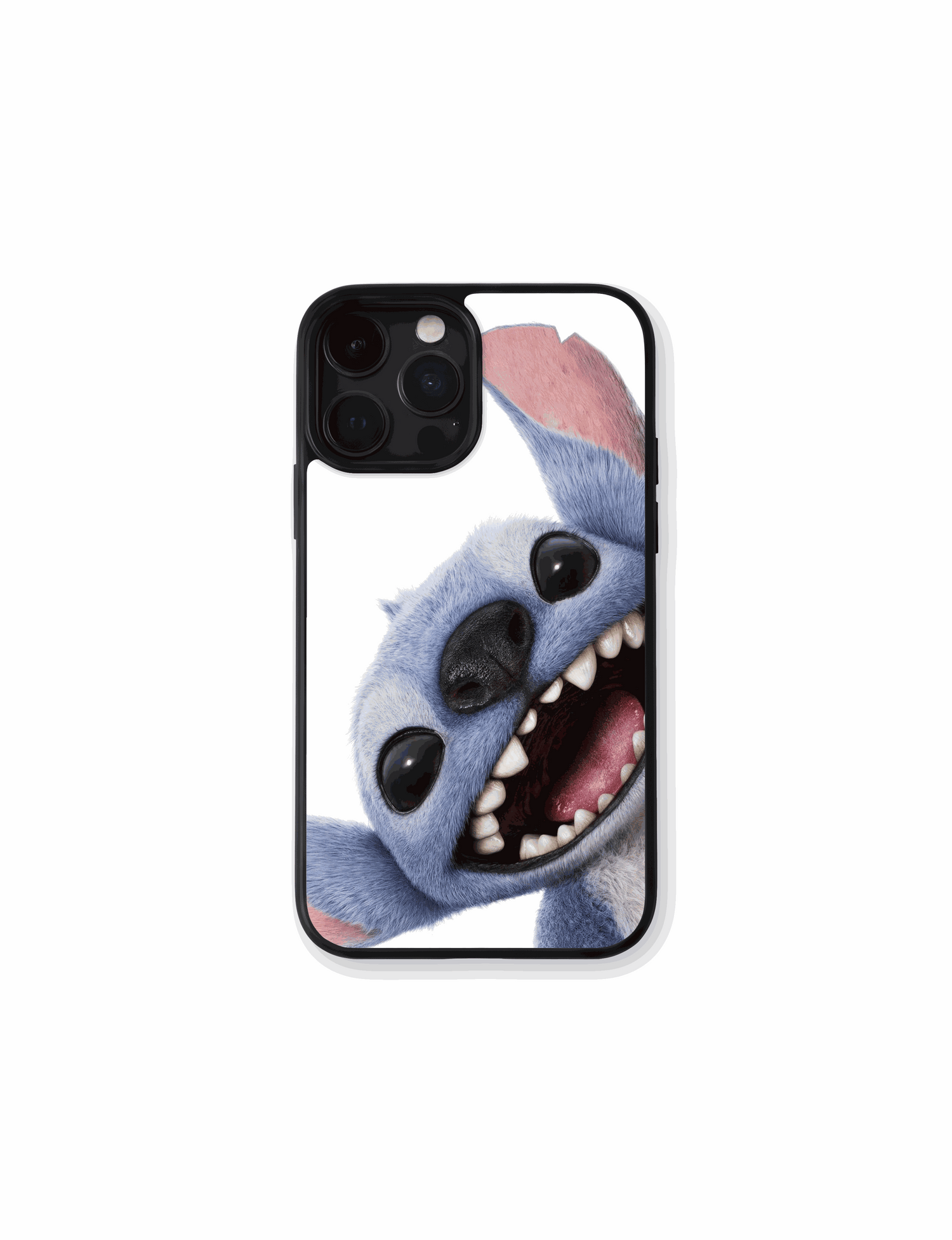 Rostro detallado de Stitch sonriendo sobre fondo blanco, estilo minimalista y pop.