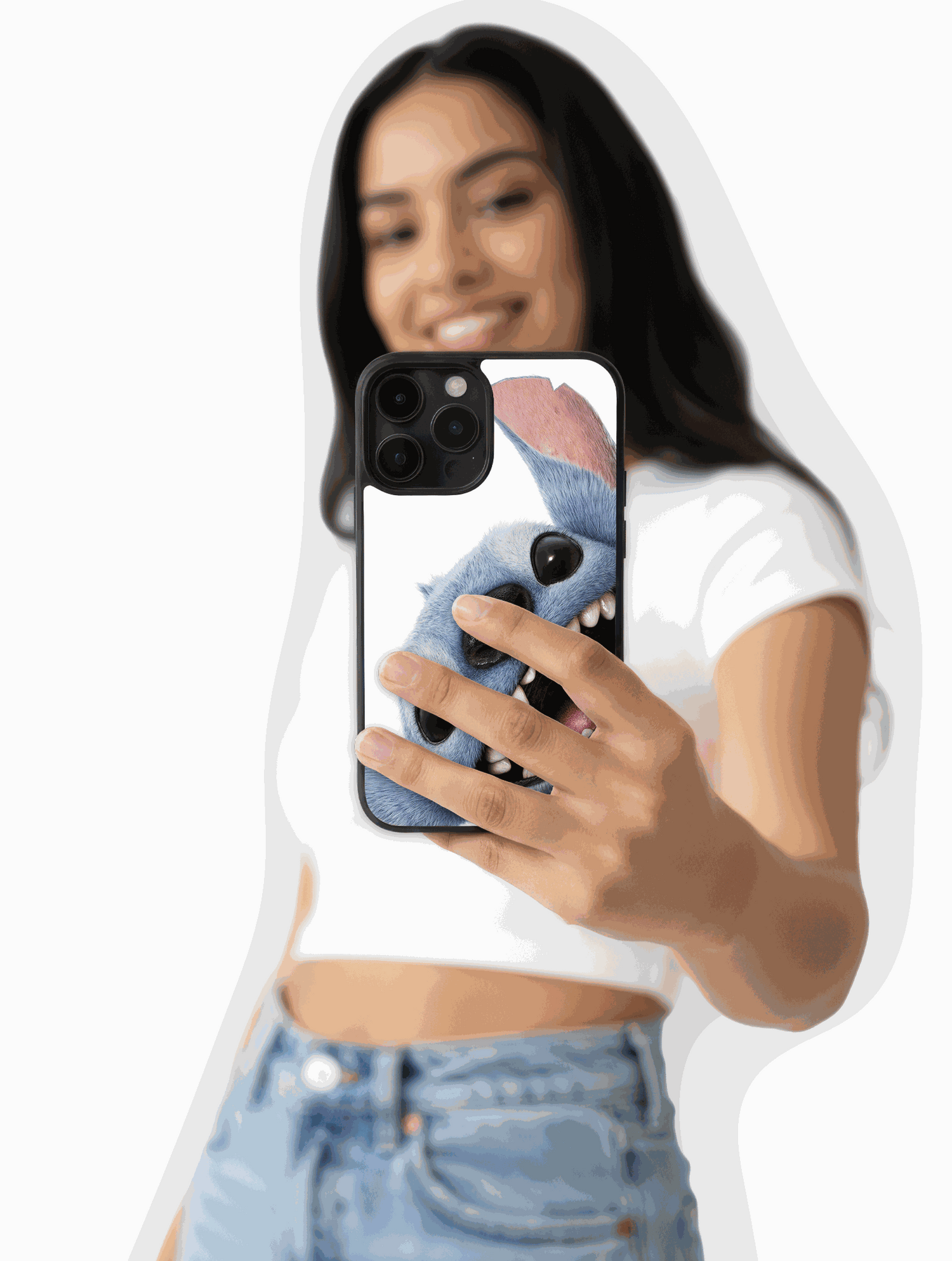 Rostro detallado de Stitch sonriendo sobre fondo blanco, diseño minimalista y vibrante inspirado en Disney