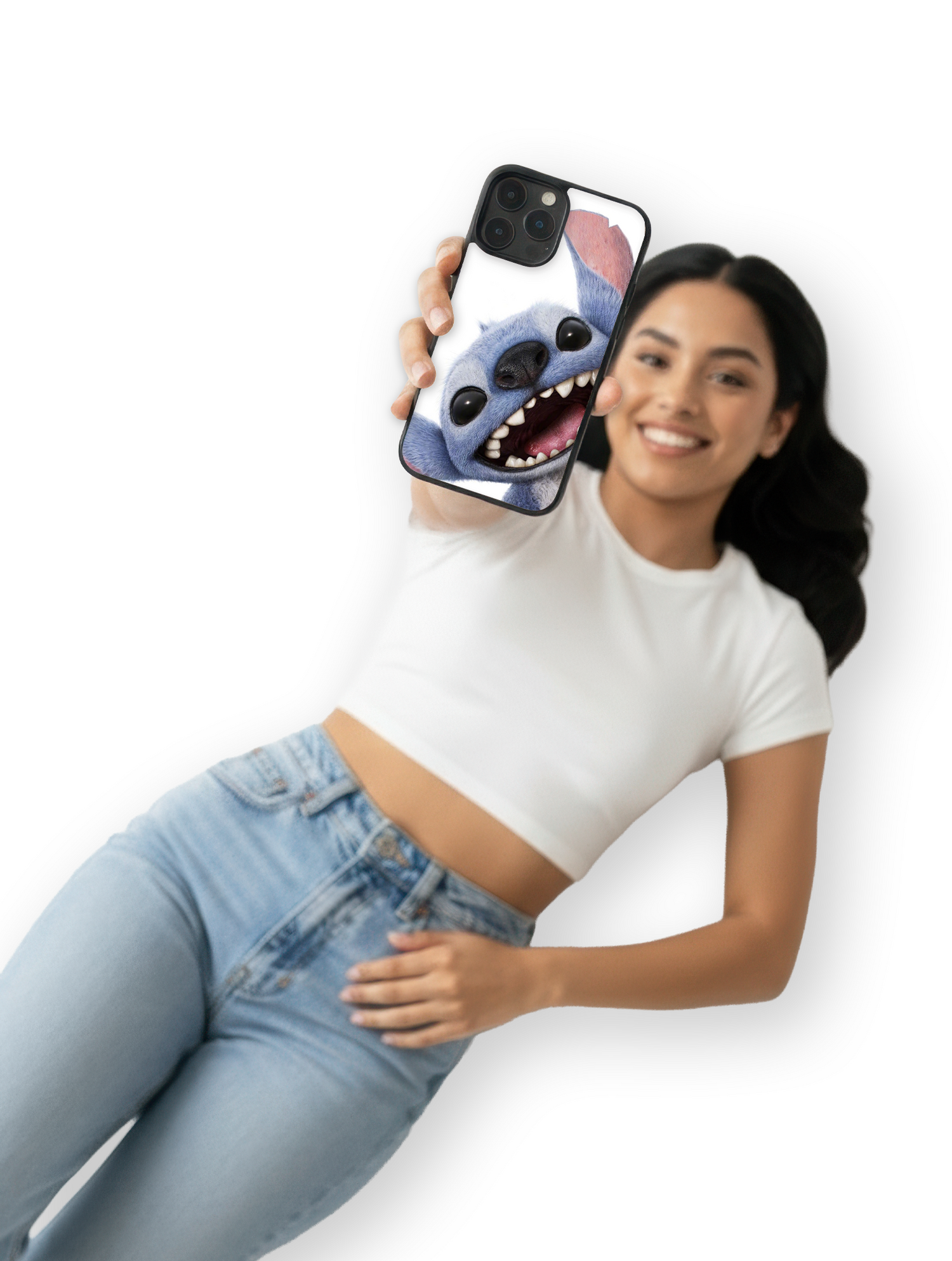 Rostro detallado de Stitch sonriendo sobre fondo blanco minimalista con estilo vibrante